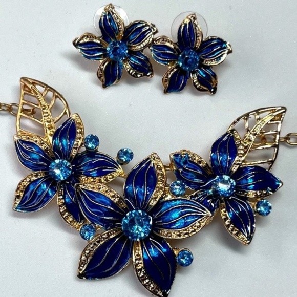 Fashion Jewelry Blue Floral Bling Rhinestone Necklace Earrings Set Unsigned #245 - Picture 2 of 12